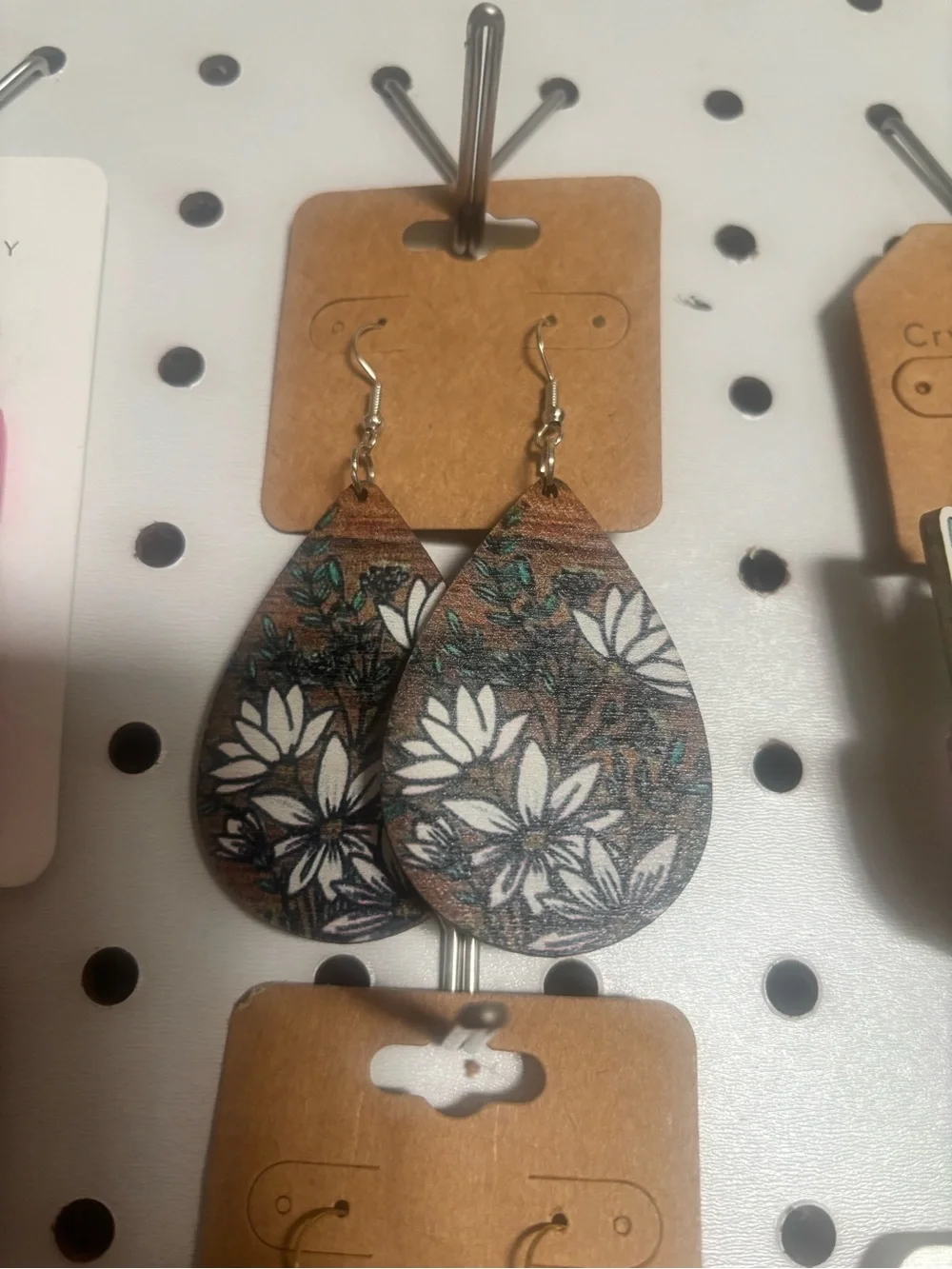 Floral Teardrop Wood Dangle Earrings - Brown & White